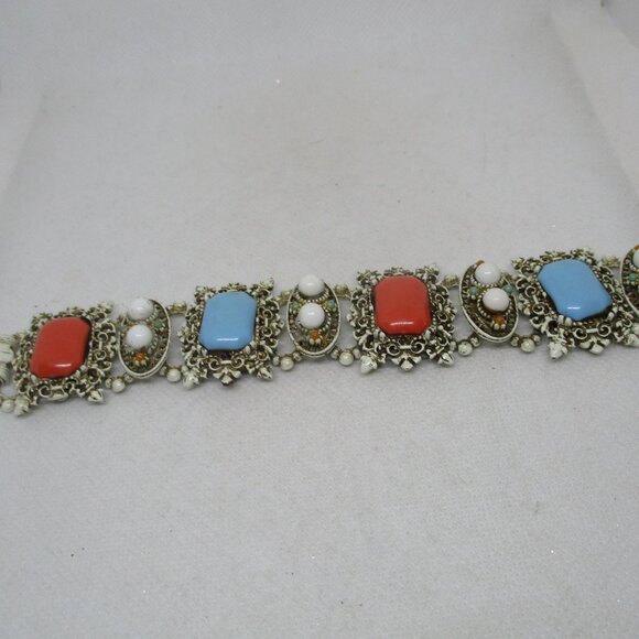 Vintage 1950s Enamel Celluloid Cabochon Section Bracelet Antiqued White Enamel - Picture 3 of 12